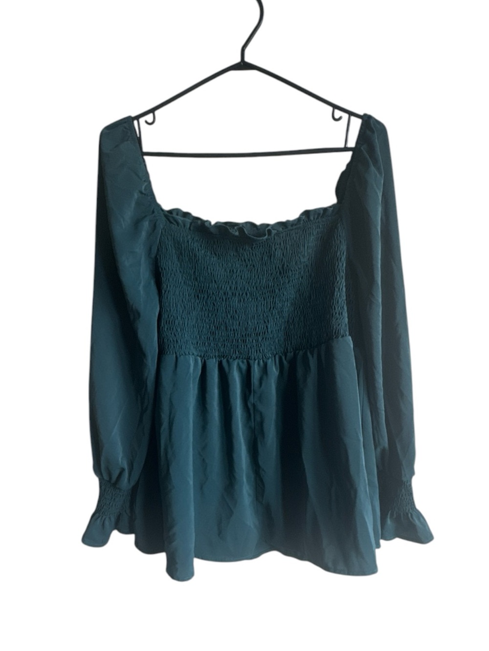 SHEIN Teal Blue Smocked Square Neck Peplum Puff Bishop Sleeve Blouse Size XL